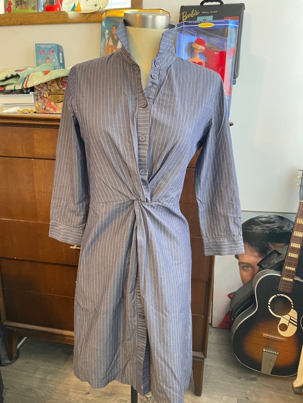 Lafayette 148 New York Slate Blue Pinstripe Twist-Front Midi Dress size 2